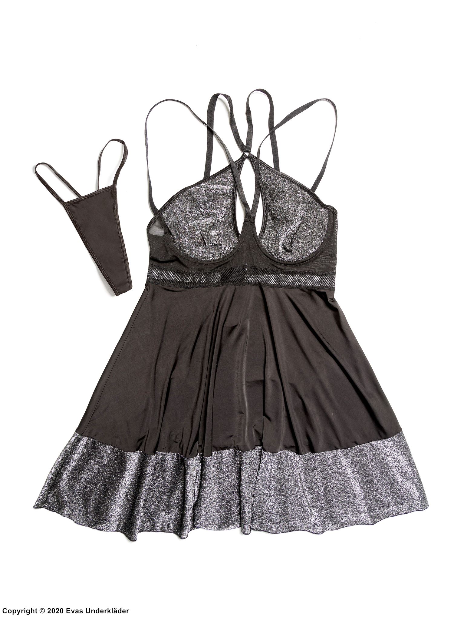 Babydoll, glitter, framsiden med stropper, nettinnlegg, XL til 4XL